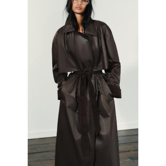 ZARA LONG WAXED TRENCH COAT WITH CORDUROY CUFFS - Picture 7 of 10